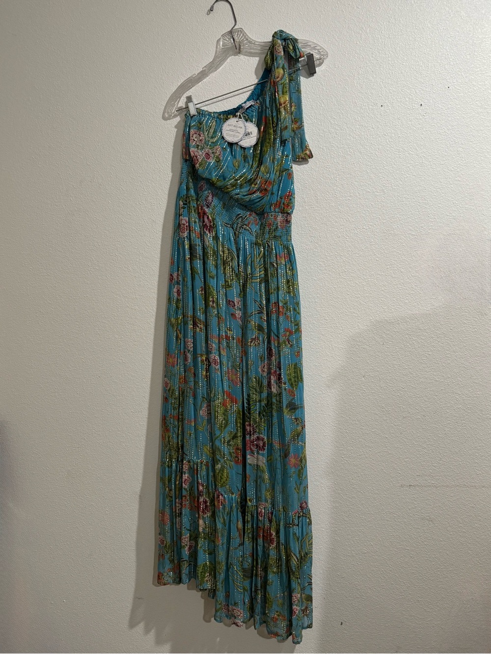 Just Bellina Dress Teal Floral Skirt with Gold Metallic Thread and Green Accents